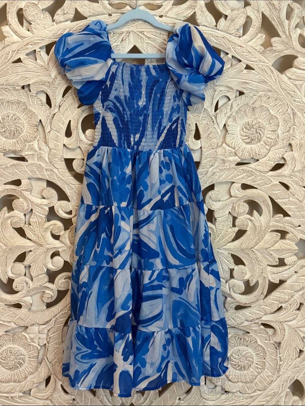 Girls' Blue Puff-Sleeve Tiered Maxi Dress